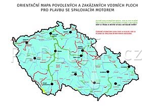 Orientační mapa povolených a zakázaných vodních ploch pro plavbu se spalovacím matorem 2026 v PDF