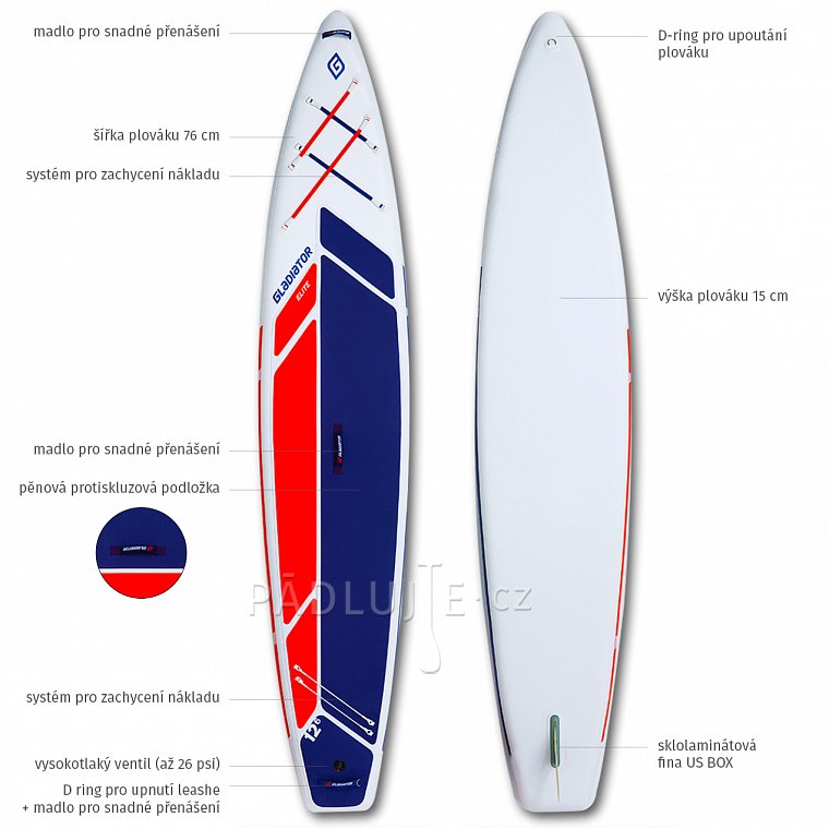 Paddleboard GLADIATOR ELITE 12'6 Sport s karbon pádlem model 2022 - nafukovací